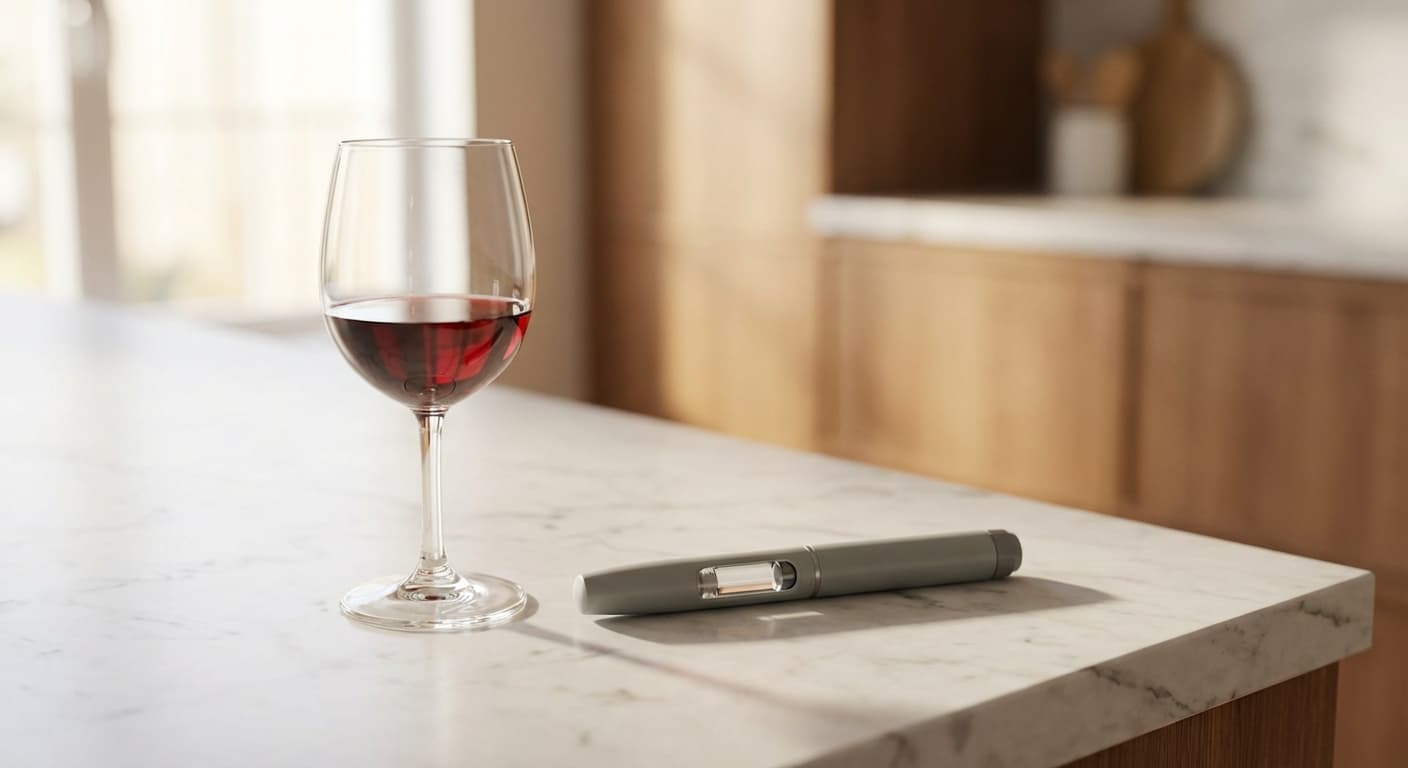 Glass of wine next to a semaglutide injection pen, illustrating the question of mixing alcohol and GLP-1 medications