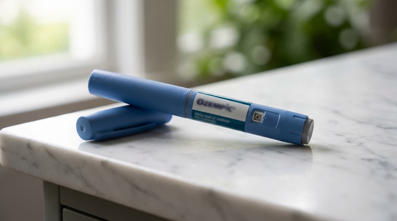 Compounded semaglutide vial next to brand-name Ozempic pen