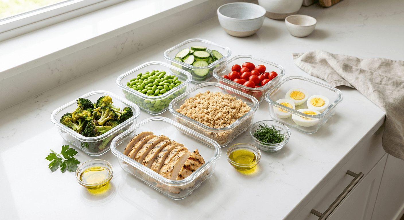 Healthy plate of lean protein and vegetables next to foods that cause nausea on semaglutide, illustrating what to eat and avoid on GLP-1 medications