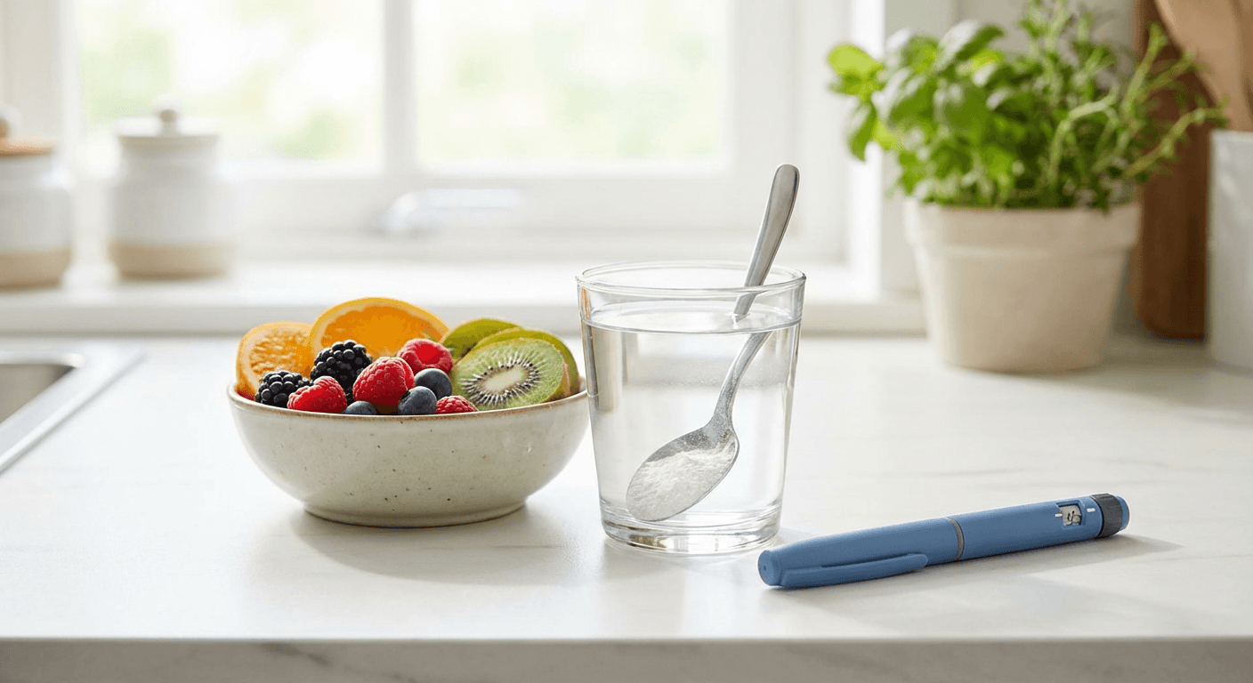 Person drinking water and eating high-fiber foods to manage constipation while on semaglutide