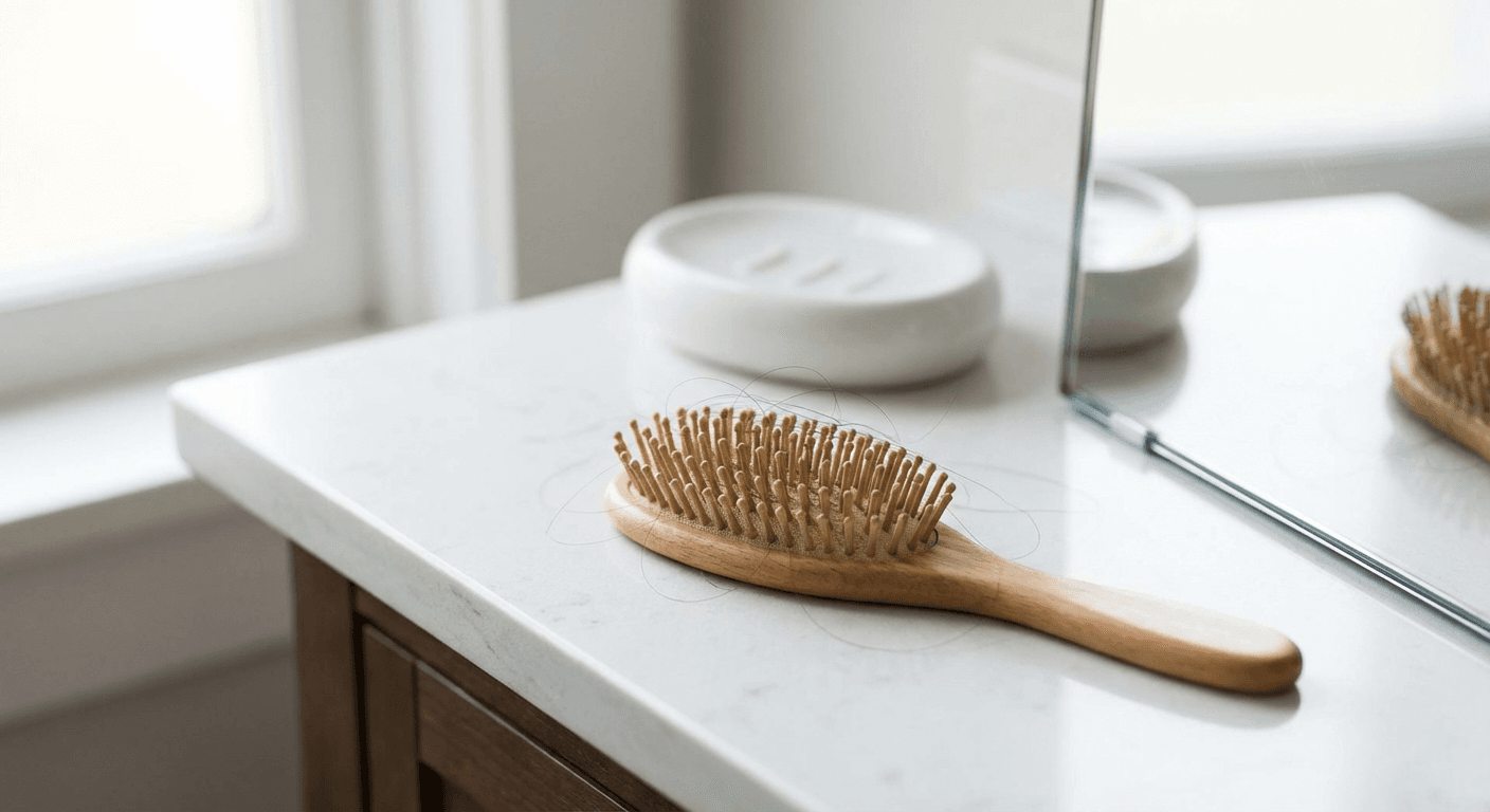 Person examining hair thickness while reviewing information about semaglutide and hair loss