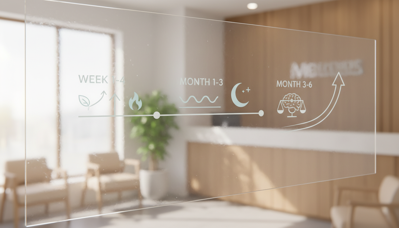 A timeline graphic showing the typical progression of HRT symptom relief. Week 1-4: Initial improvement in hot flashes. Month 1-3: More significant relief, better sleep. Month 3-6: Full effects, stabilization of mood and other symptoms.