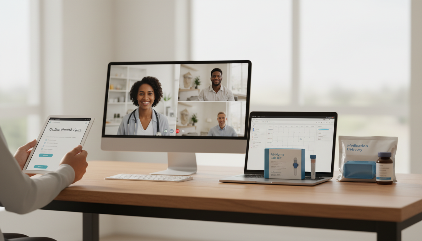 A graphic showing the telehealth peptide therapy process: 1. Online Quiz/Intake, 2. Virtual Doctor Consultation, 3. At-Home Lab Kit, 4. Medication Shipped to Home.