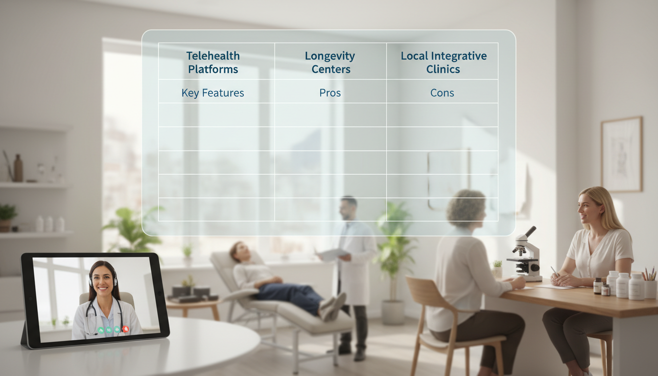A comparison table showing the key features, pros, and cons of Telehealth Platforms, Longevity Centers, and Local Integrative Clinics for peptide therapy.