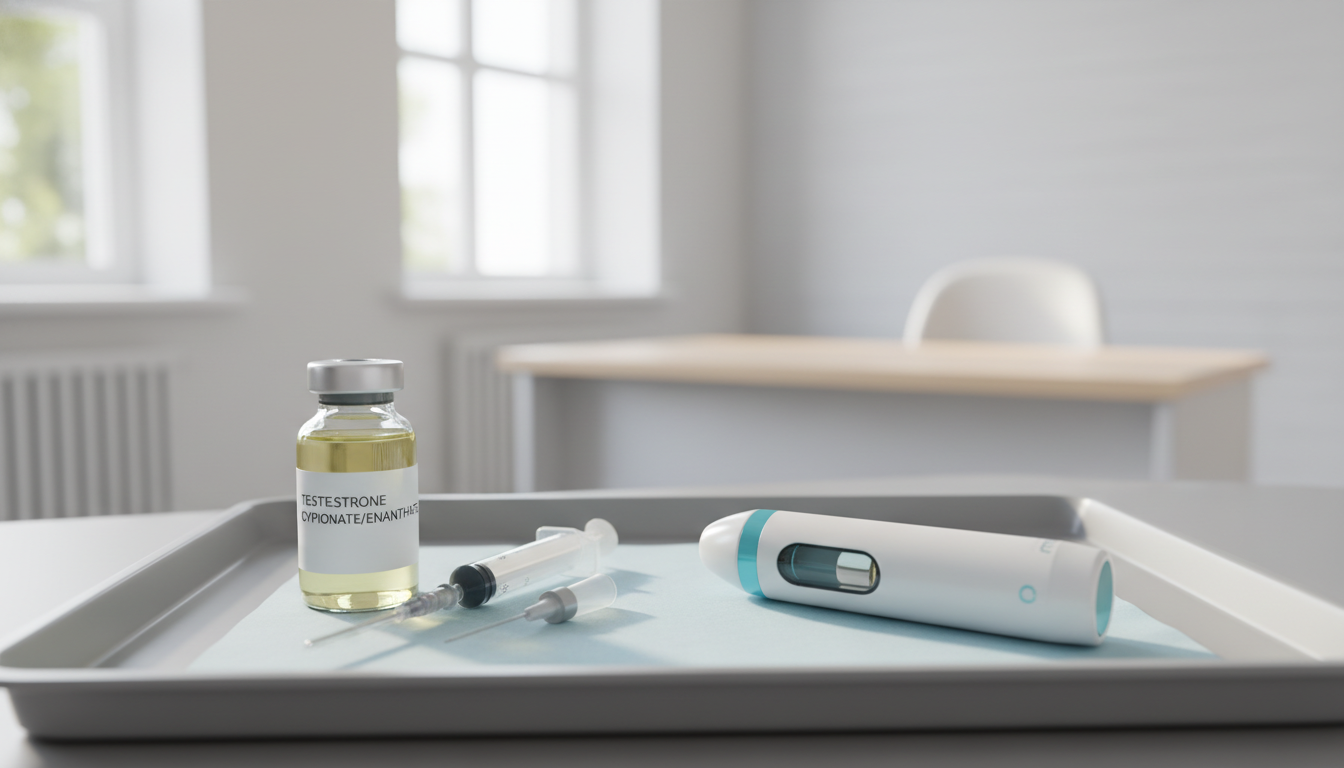 A side-by-side comparison image of a standard vial and needle for Testosterone Cypionate/Enanthate and a branded subcutaneous auto-injector like Xyosted.