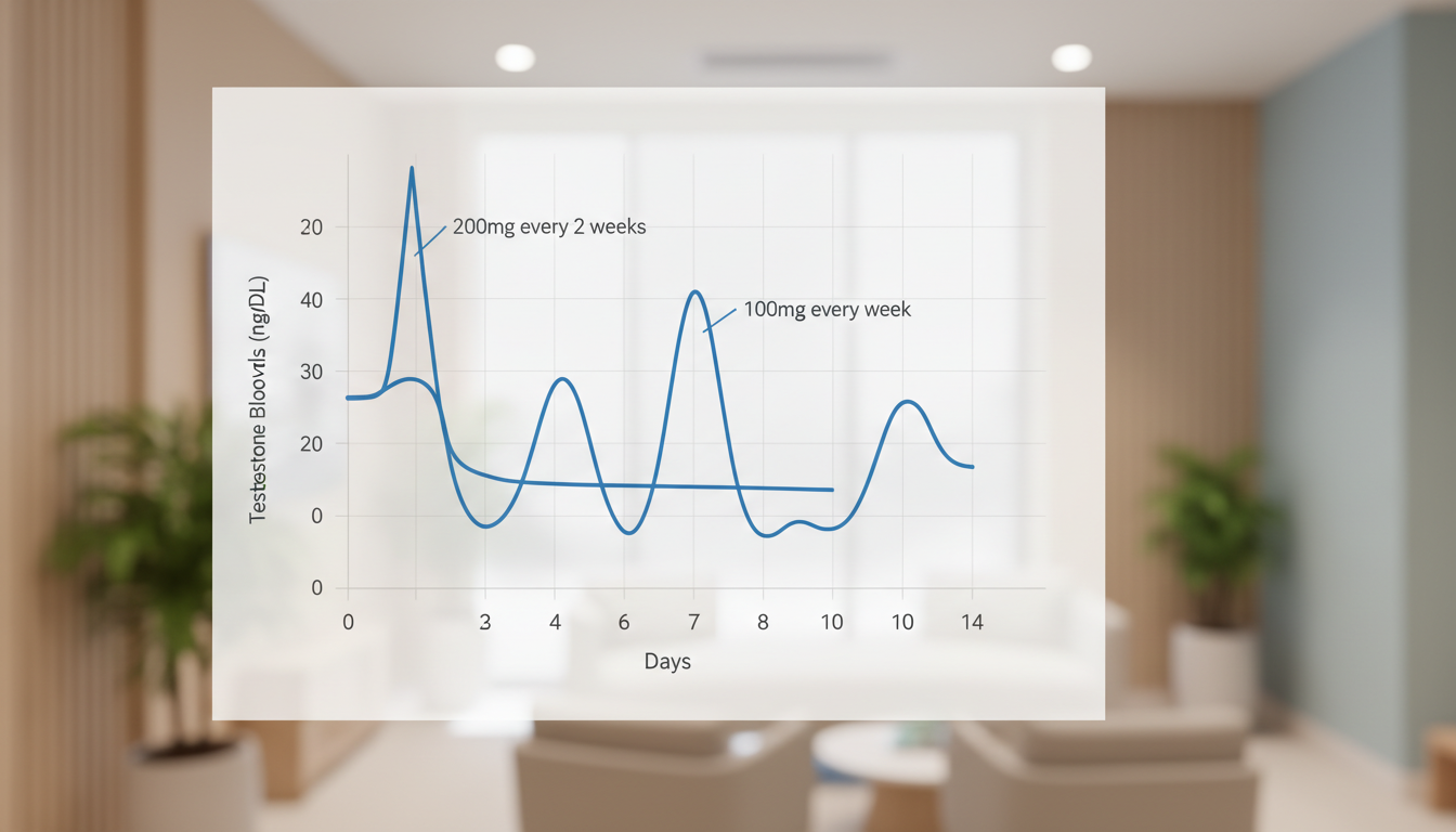 A simple line graph showing the difference in testosterone blood levels over 14 days. One line, labeled "200mg every 2 weeks," shows a high peak and a deep trough. A second line, labeled "100mg every week," shows two smaller, more stable peaks and troughs within the same period.
