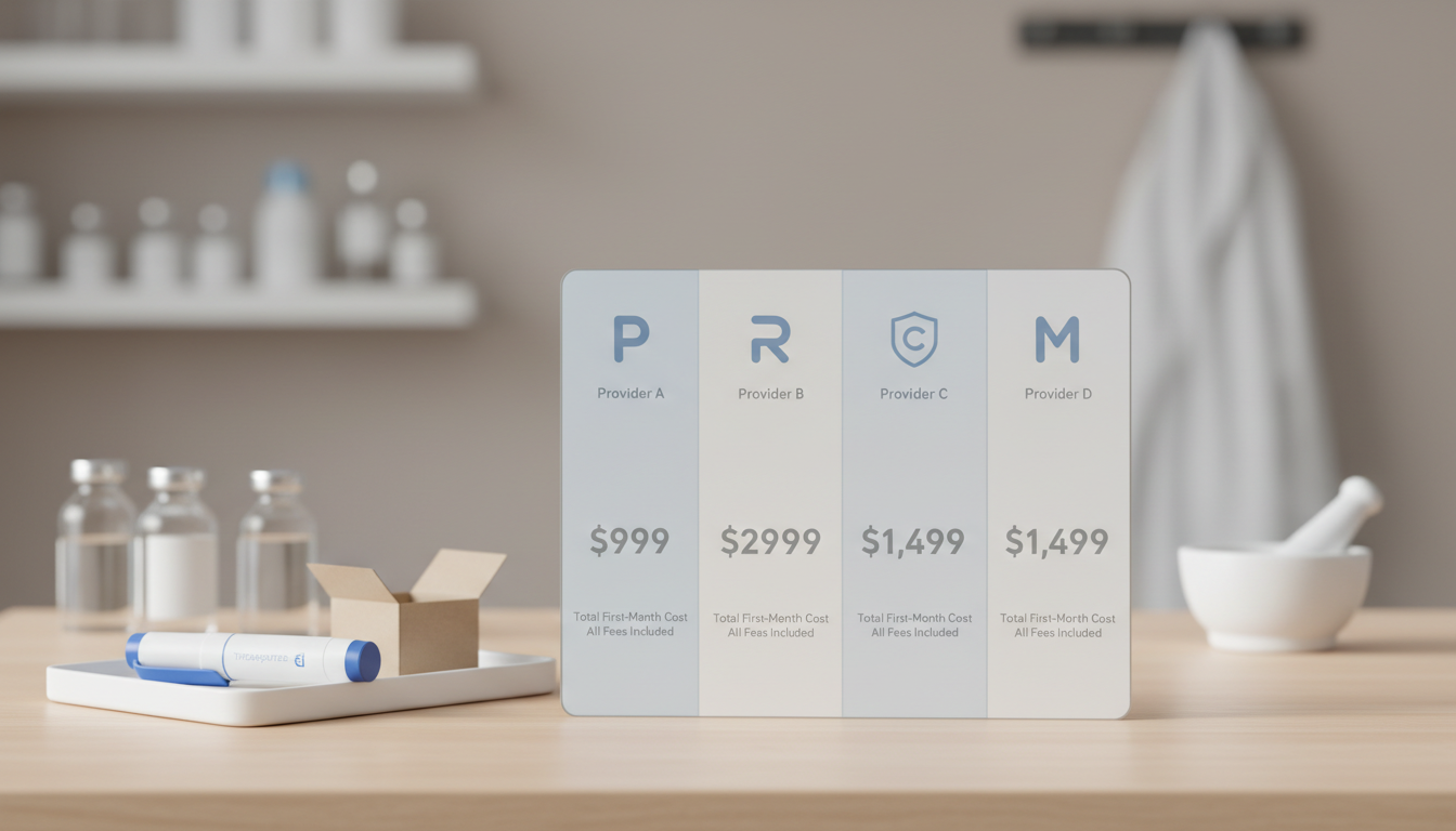 A side-by-side comparison chart showing the total first-month cost of four different online tirzepatide providers, including all fees to highlight the 'true' cost.