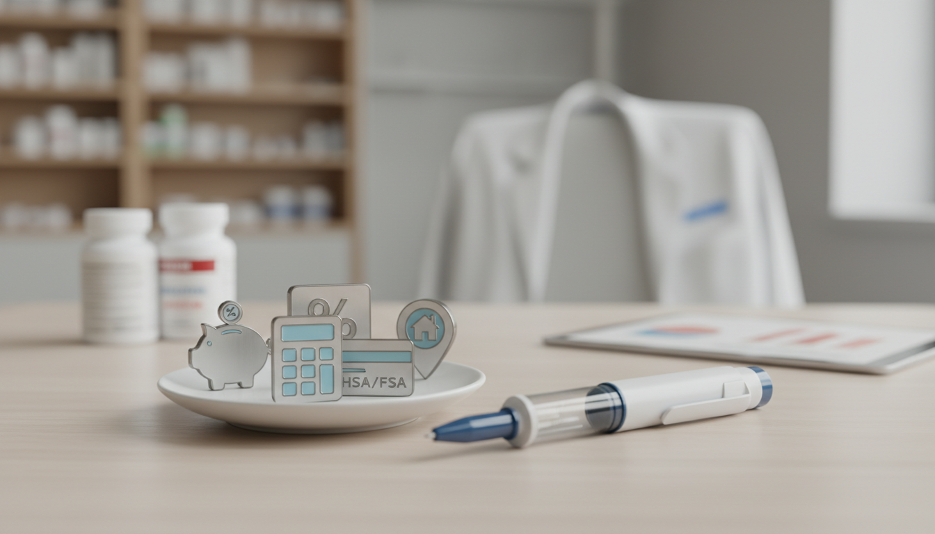 A simple infographic with icons representing five ways to save money on tirzepatide: a piggy bank for 'compounded', a calculator for 'compare fees', an HSA/FSA card, a calendar for 'multi-month', and a location pin for 'local options'.