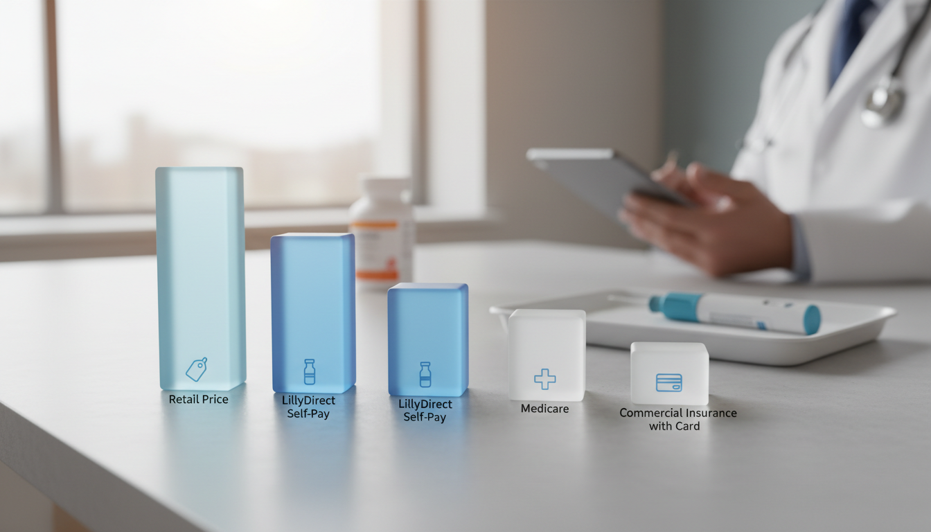 Bar chart comparing the monthly cost of tirzepatide. Bars should show "Retail Price (~$1080)", "LillyDirect Self-Pay ($299-$449)", "Medicare ($50-$167)", and "Commercial Insurance with Card ($25)".