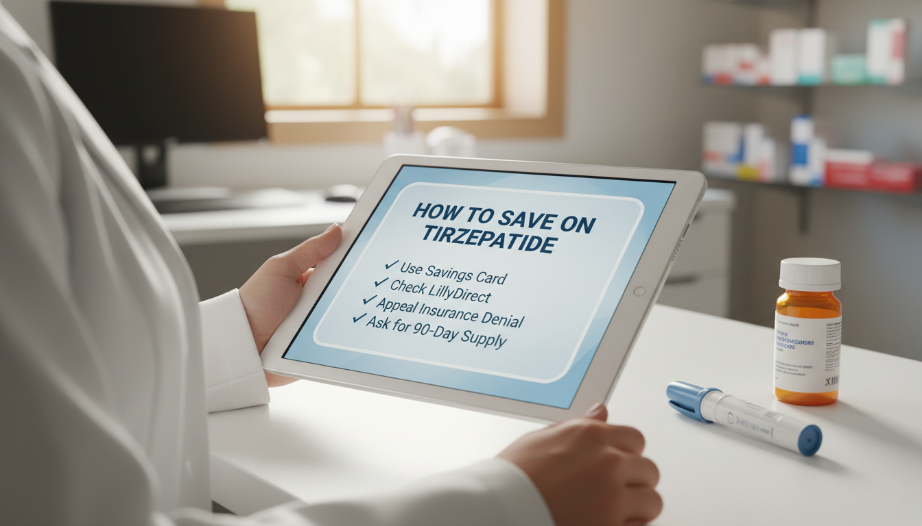 A simple checklist graphic titled "How to Save on Tirzepatide". Items include "Use Savings Card", "Check LillyDirect", "Appeal Insurance Denial", and "Ask for 90-Day Supply".