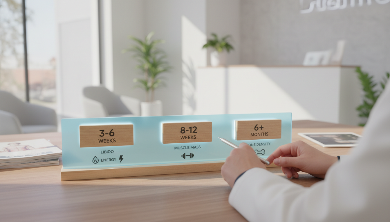 A timeline graphic showing when different TRT benefits appear. Week 3-6: Libido/Energy. Week 8-12: Muscle mass. Month 6+: Bone density.