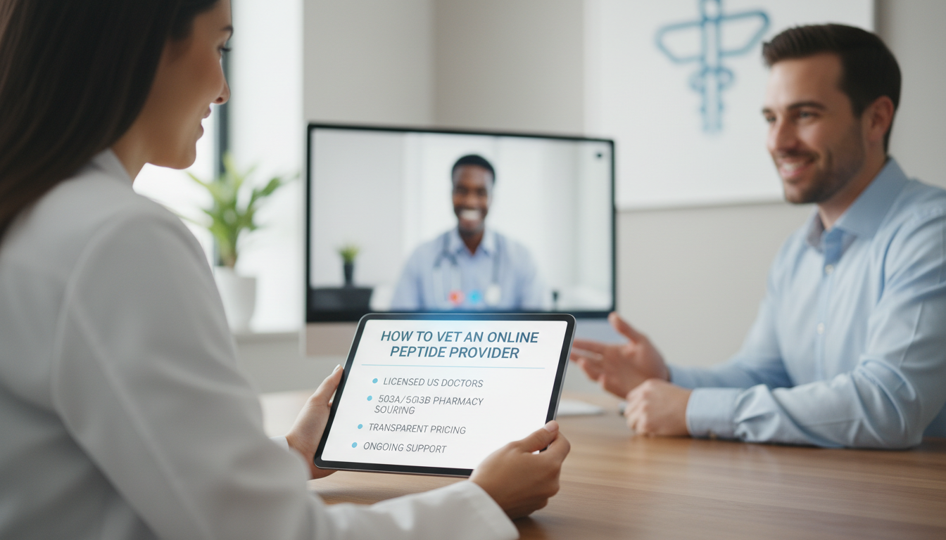 A simple checklist or infographic titled 'How to Vet an Online Peptide Provider' with points like 'Licensed US Doctors,' '503A/503B Pharmacy Sourcing,' 'Transparent Pricing,' and 'Ongoing Support.'