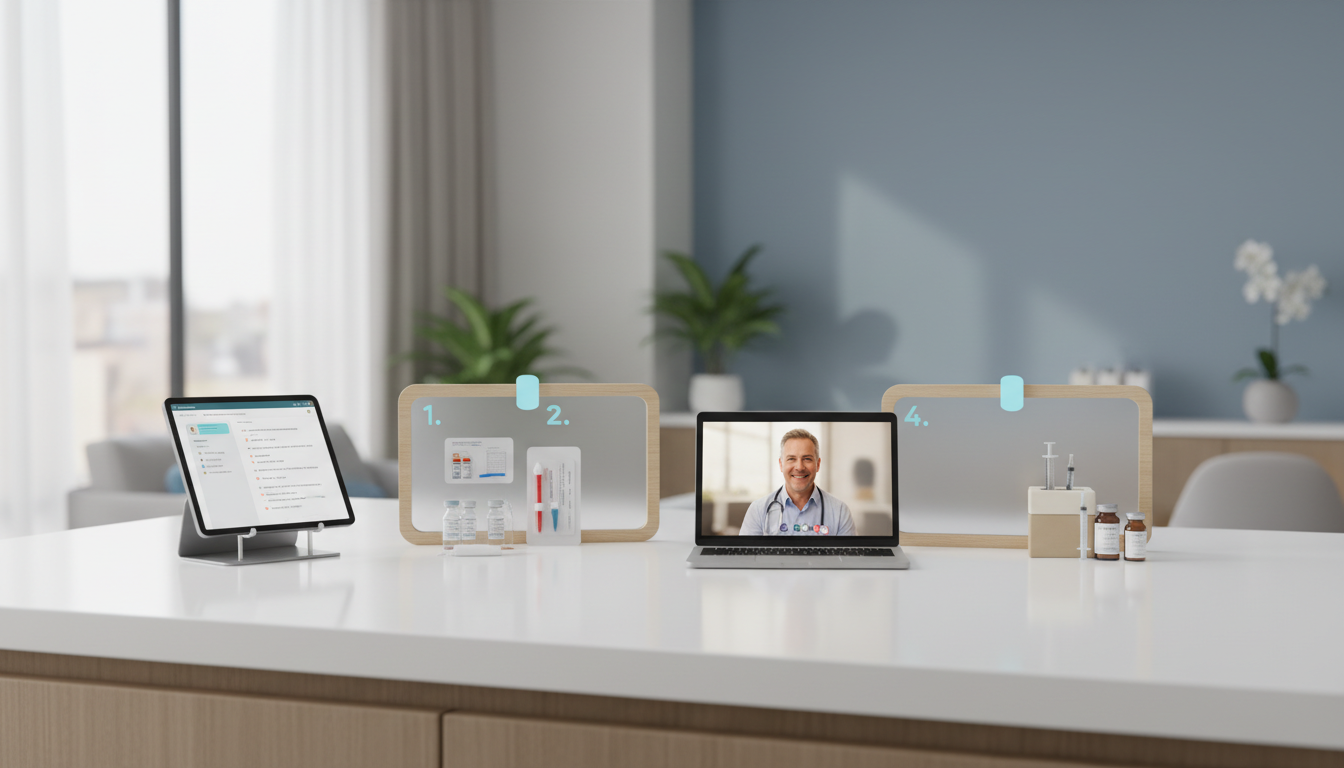 A flowchart graphic illustrating the 4-step Fountain TRT process: 1. Online Assessment, 2. At-Home Labs, 3. Physician Video Call, 4. Medication Delivery.
