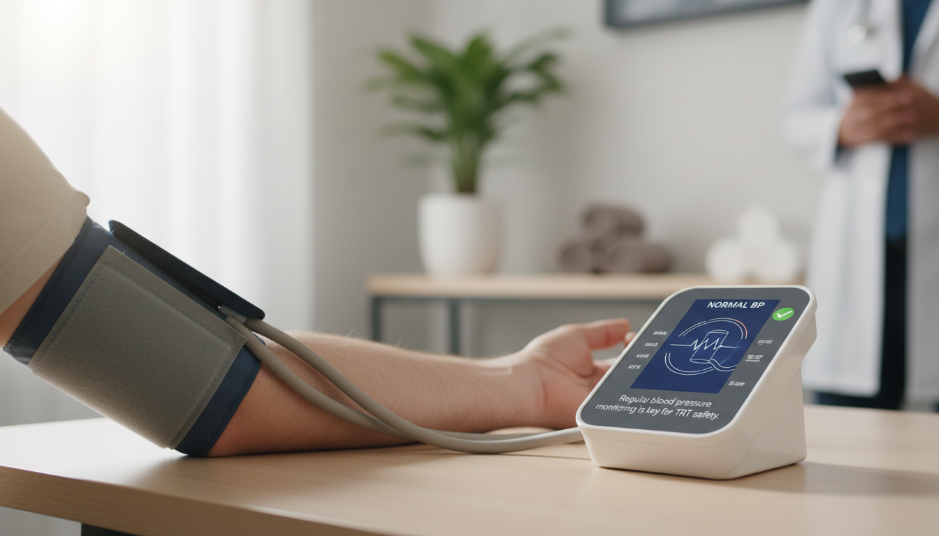 A simple animated GIF or diagram showing a blood pressure cuff inflating and a checkmark next to it, with the text "Regular blood pressure monitoring is key for TRT safety."