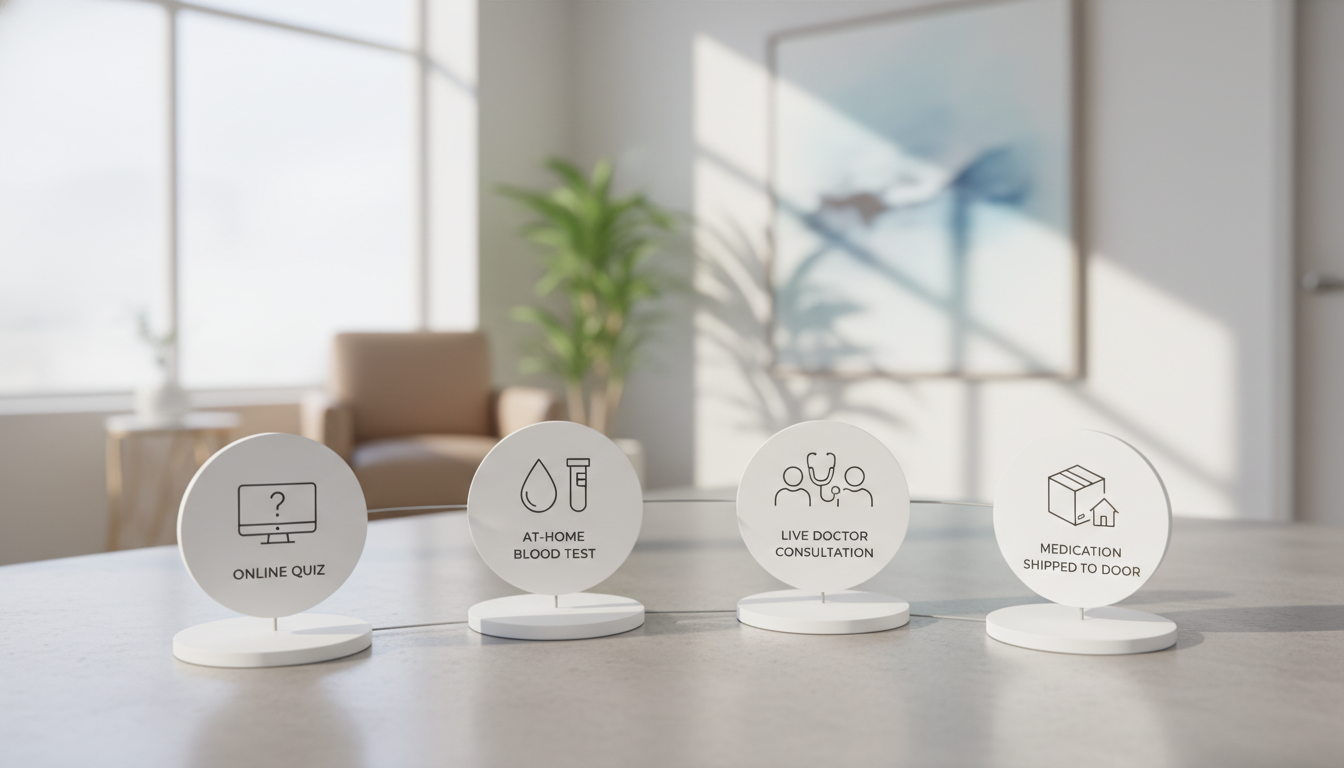 A simple flowchart showing the Fountain TRT process: 1. Online Quiz, 2. At-Home Blood Test, 3. Live Doctor Consultation, 4. Medication Shipped to Door.