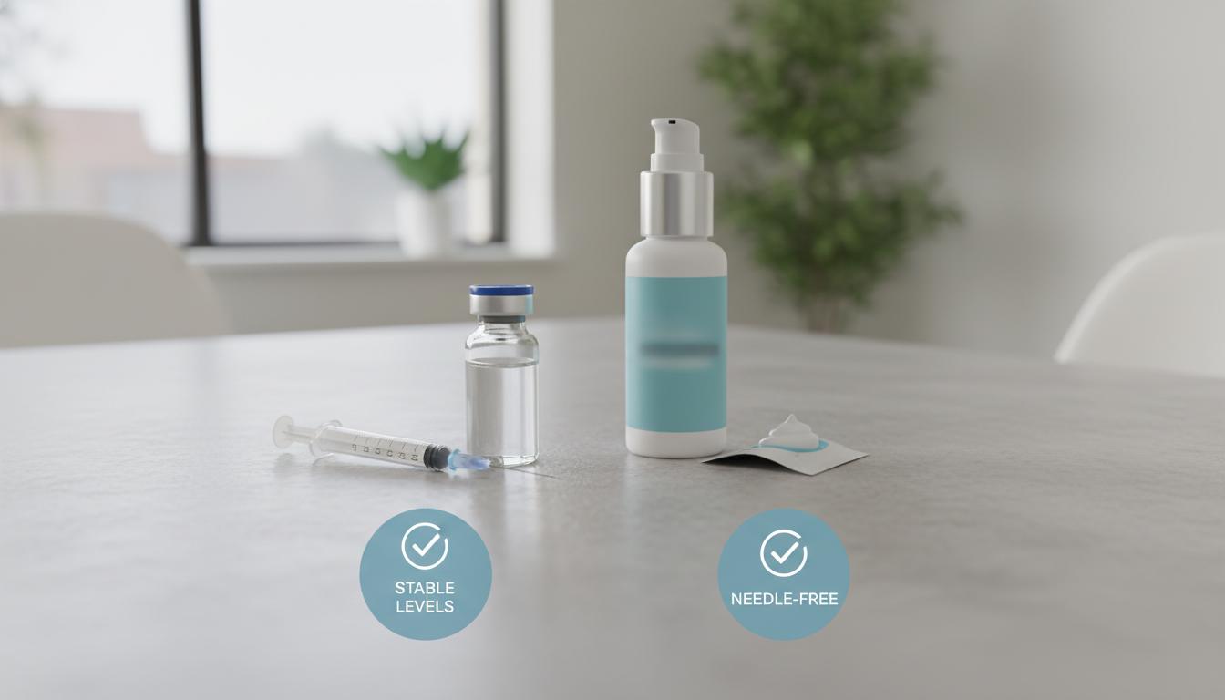 A side-by-side comparison graphic showing a vial of testosterone for injection next to a pump bottle of testosterone cream, with simple icons highlighting pros like 'stable levels' for injection and 'needle-free' for cream.