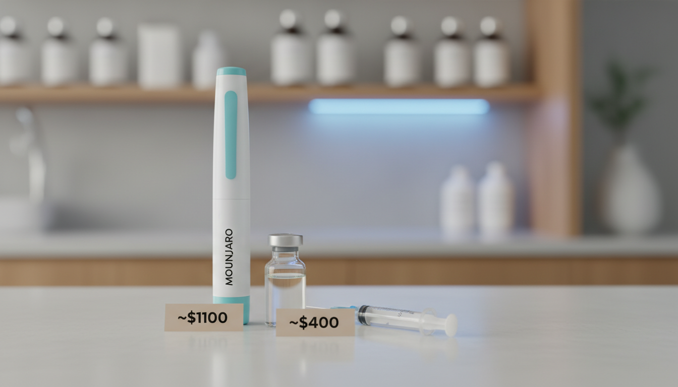 A comparison graphic showing a Mounjaro pen next to a vial and syringe, with price tags of ~$1100 and ~$400 respectively.