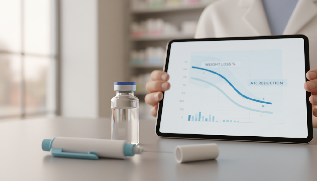 An infographic chart showing the average weight loss percentage or A1c reduction in clinical trials for tirzepatide.