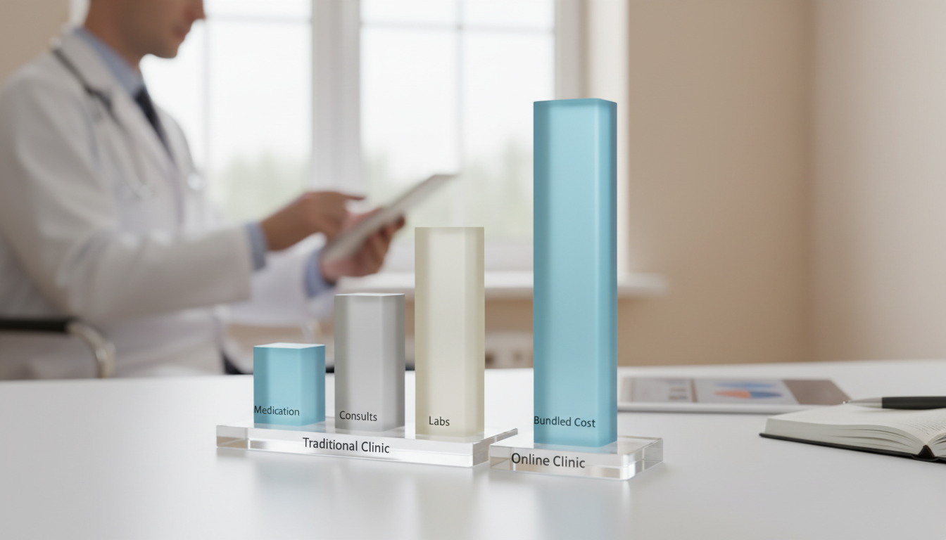 A simple infographic comparing the total monthly cost of TRT at a traditional clinic vs. an online clinic, showing separate bars for medication, consults, and labs for the traditional clinic, and a single bundled bar for the online clinic.