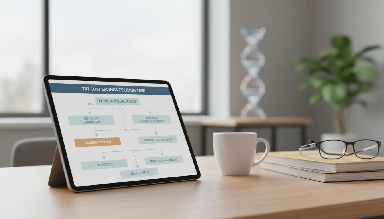 A flowchart graphic showing a decision tree for saving money on TRT. It starts with "Do you have insurance?" and branches into different paths for choosing injections, using GoodRx, comparing online clinics, or seeking prior authorization.