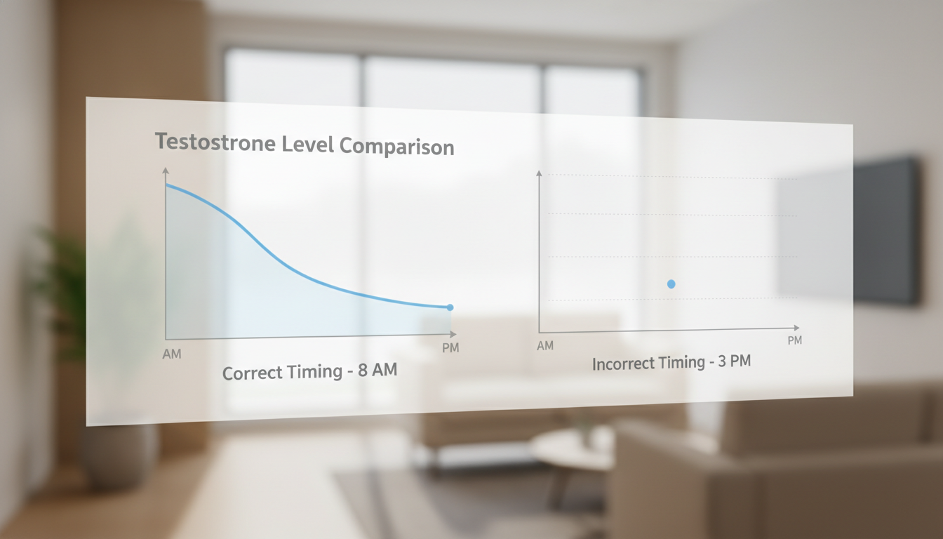 A simple infographic comparing two testosterone level graphs. One shows a high morning level declining through the day (labeled 'Correct Timing - 8 AM'). The other shows a single, lower data point in the afternoon (labeled 'Incorrect Timing - 3 PM').