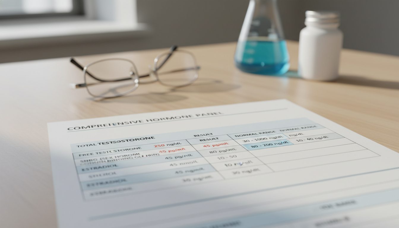A sample comprehensive testosterone lab report showing fields for Total T, Free T, SHBG, and Estradiol with highlighted 'normal' ranges. The sample results show a low Total T and low Free T.