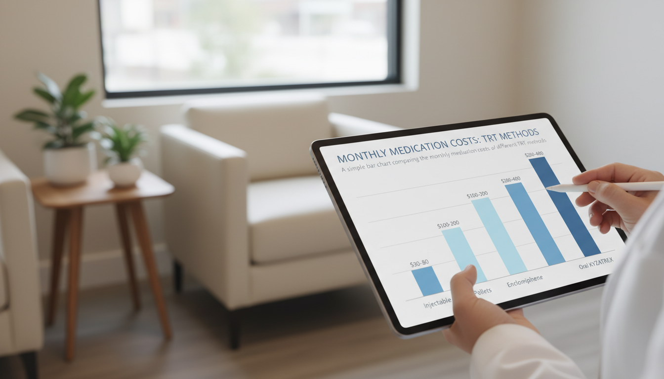 A simple bar chart comparing the monthly medication costs of different TRT methods: Injectable ($30-80), Pellets ($100-200), Enclomiphene ($100-200), and Oral KYZATREX ($200-400).