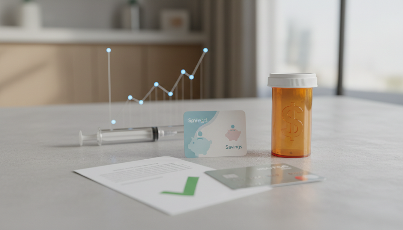 A simple infographic with icons representing the "How to Save Money" tips. Icon 1: A savings card. Icon 2: A pharmacy bottle with a dollar sign. Icon 3: A document with a checkmark for an appeal. Icon 4: An HSA/FSA card. Icon 5: A line graph showing dose titration.