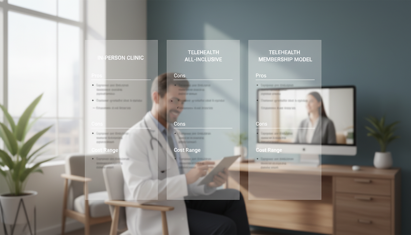 A comparison graphic showing three columns, one for In-Person Clinic, one for Telehealth All-Inclusive, and one for Telehealth Membership Model. Each column lists the pros, cons, and typical monthly cost range to help users visualize the differences.