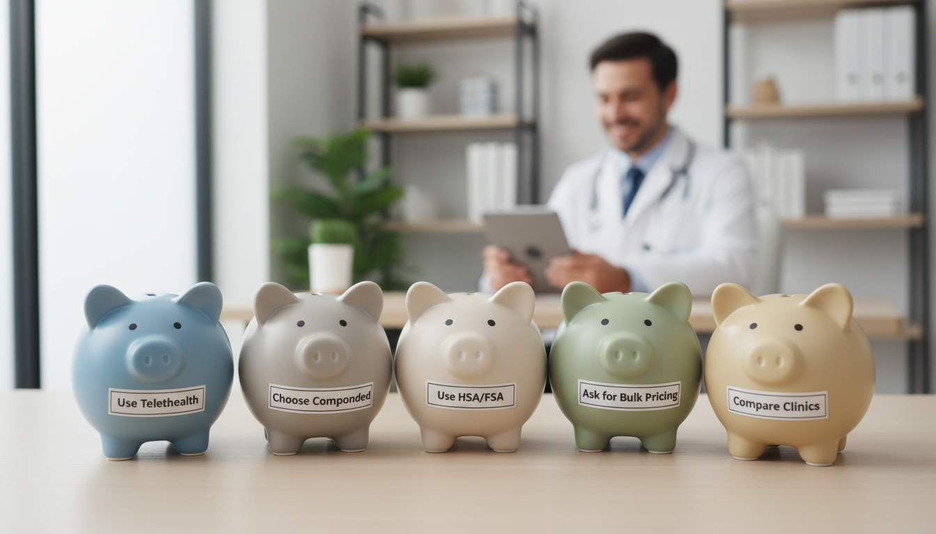 A simple infographic showing five piggy banks, each labeled with a money-saving tip: "Use Telehealth," "Choose Compounded," "Use HSA/FSA," "Ask for Bulk Pricing," and "Compare Clinics."