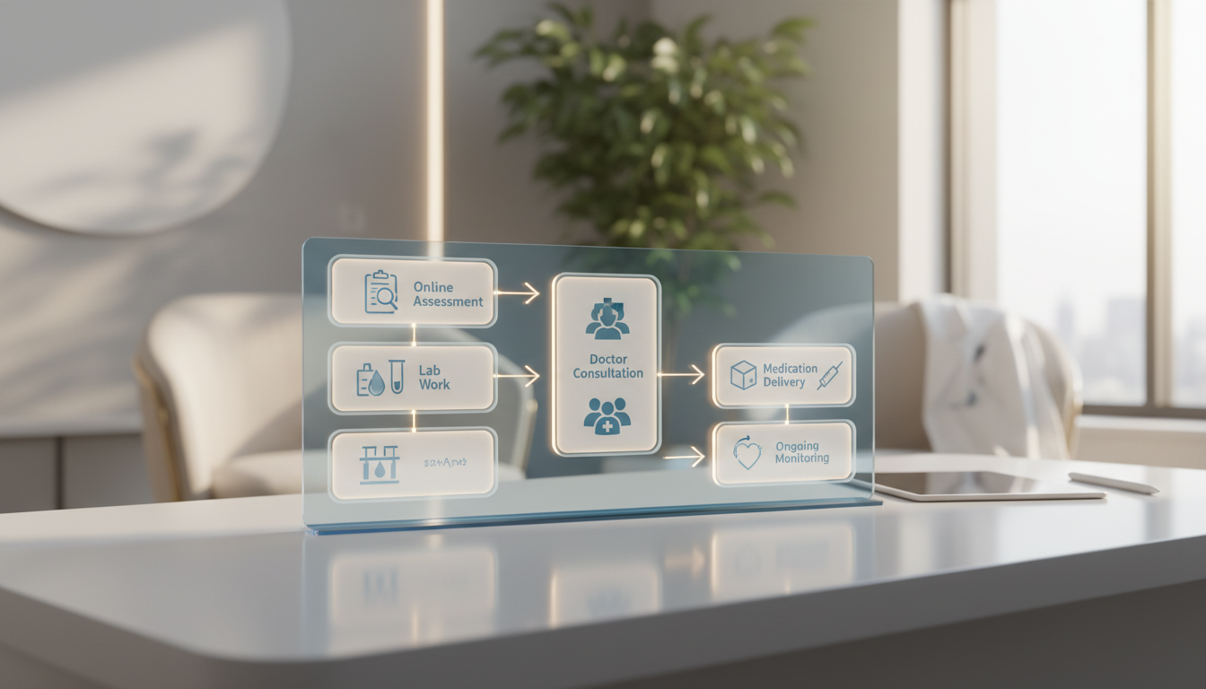 A simple flowchart graphic illustrating the 5-step online TRT process: 1. Online Assessment, 2. Lab Work, 3. Doctor Consultation, 4. Medication Delivery, 5. Ongoing Monitoring.