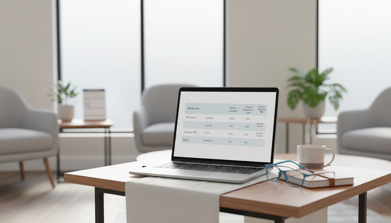 A comparison table showing 3 online TRT providers (TRT Nation, Fountain TRT, Rugiet) with columns for Monthly Cost, What's Included, and Primary Medication Type (e.g., Injectable, Cream, Multiple Options).
