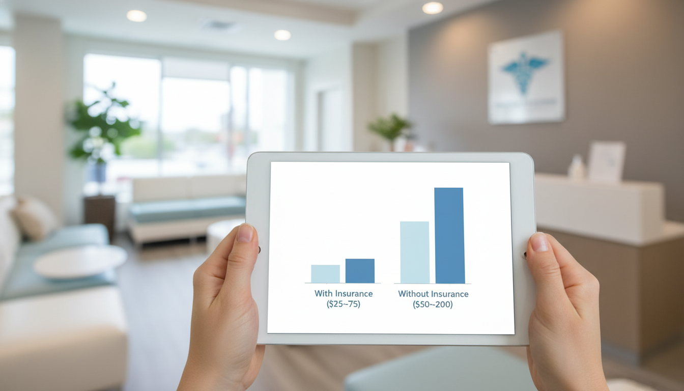 A simple infographic comparing the average monthly cost of HRT with insurance vs. without insurance, showing two bars side-by-side: one labeled "With Insurance ($25-$75)" and one labeled "Without Insurance ($50-$200)".