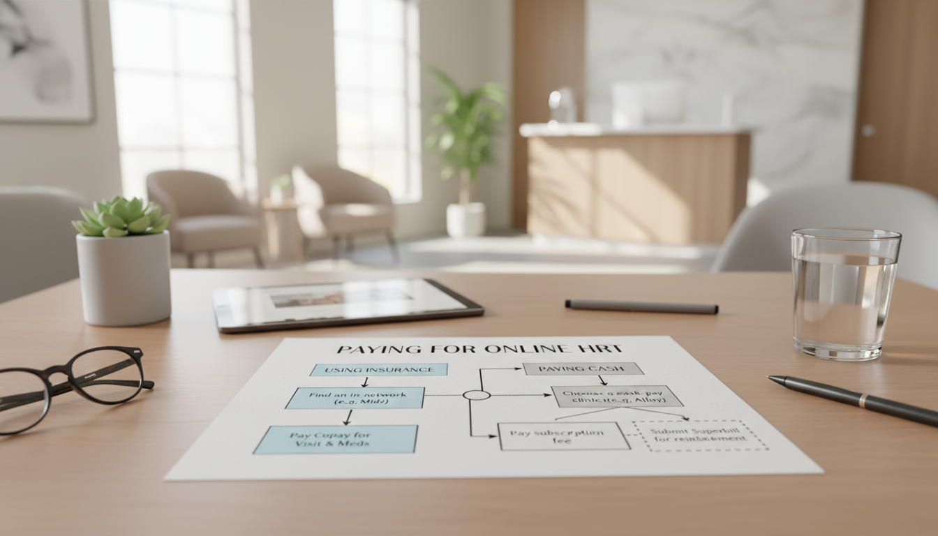 A flowchart showing the two main paths for paying for online HRT. One path is labeled "Using Insurance" and flows from "Find an in-network provider (e.g., Midi)" to "Pay Copay for Visit & Meds". The other path is labeled "Paying Cash" and flows from "Choose a cash-pay clinic (e.g., Alloy)" to "Pay subscription fee" to an optional step "Submit Superbill for reimbursement".