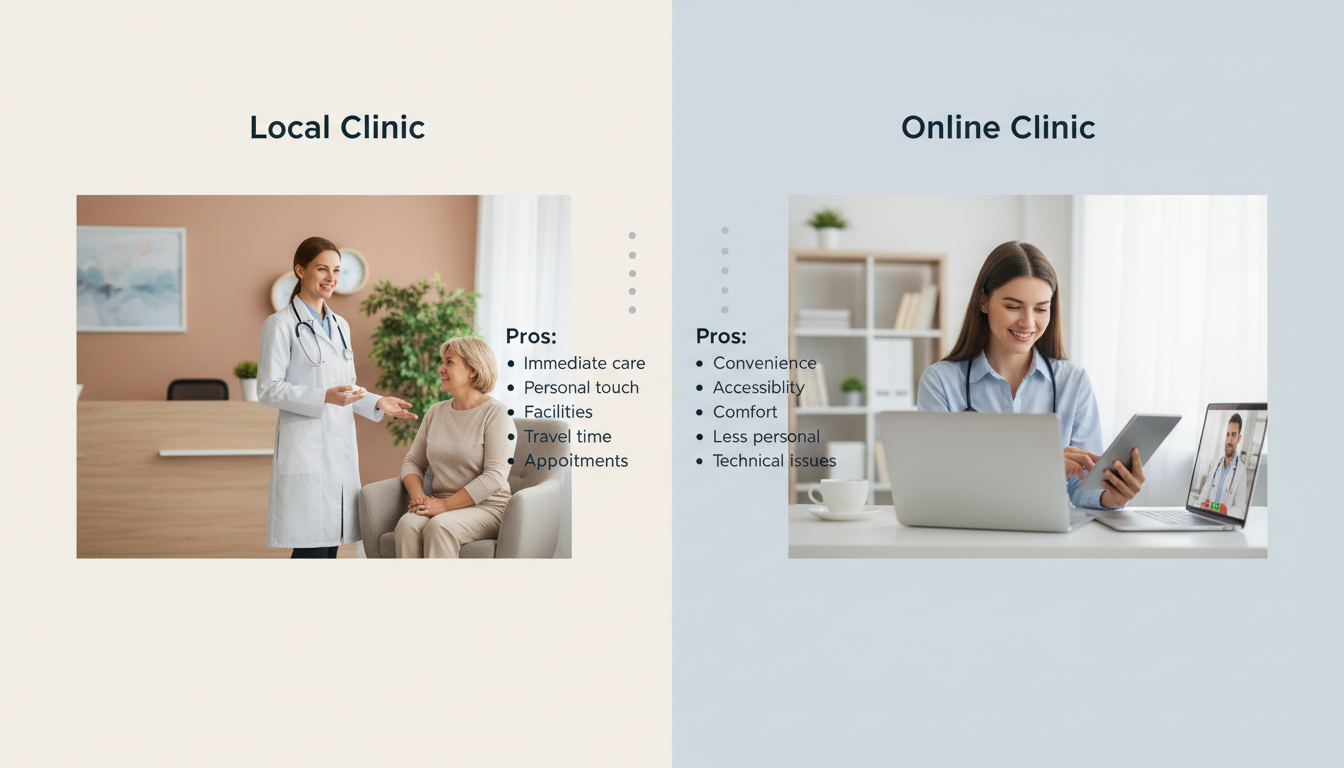 A simple comparison table graphic showing two columns, "Local Clinic" and "Online Clinic", with bullet points listing the pros and cons for each.