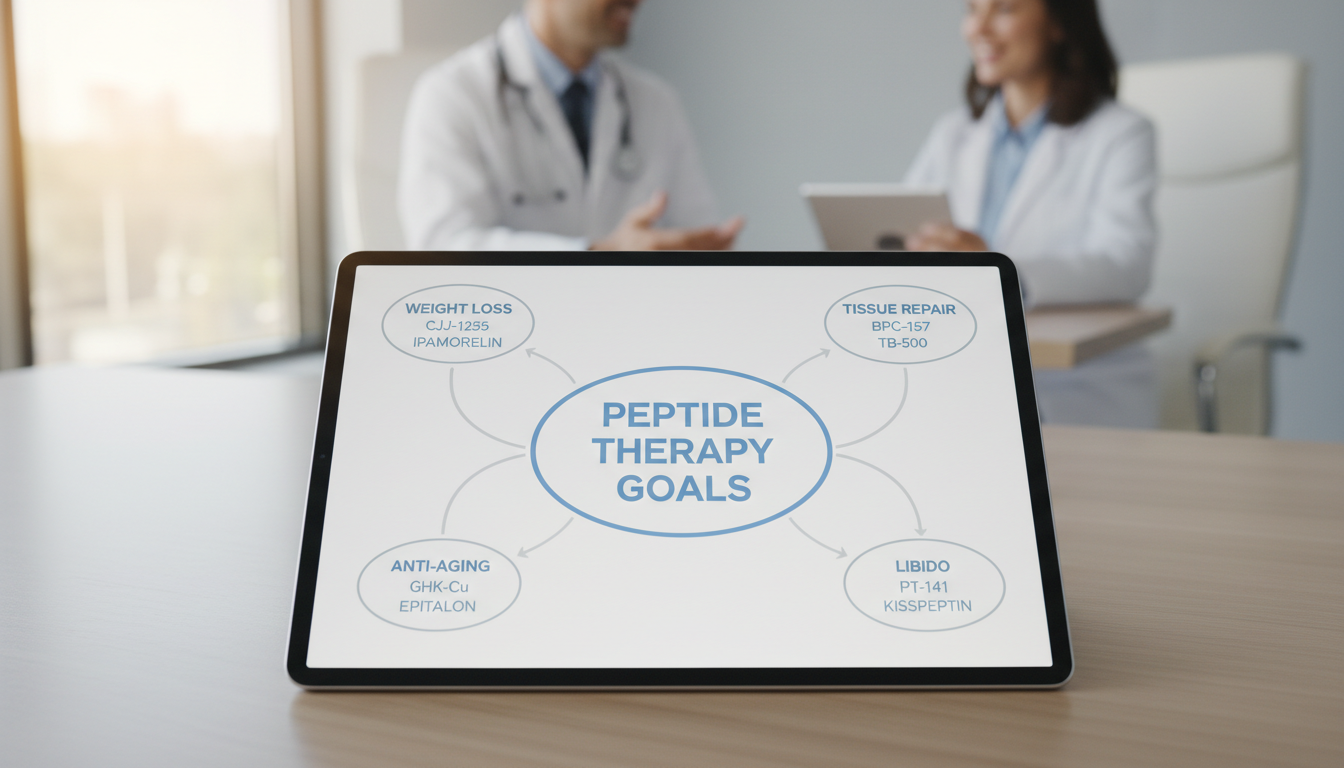 A flowchart or mind-map diagram showing "Peptide Therapy Goals" in the center with branches leading to "Weight Loss," "Tissue Repair," "Anti-Aging," and "Libido," with specific peptide names listed under each category.