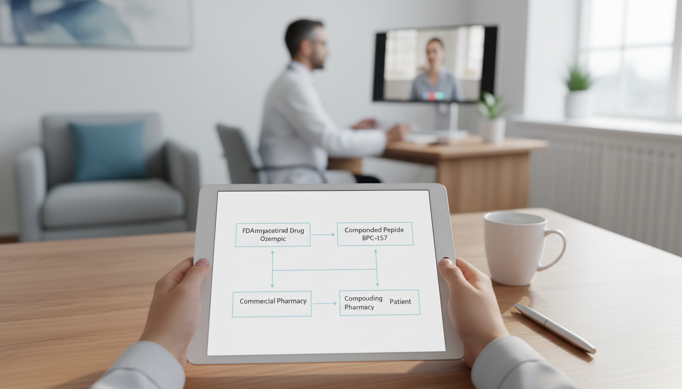 A simple flowchart graphic showing two paths. Path 1: "FDA-Approved Drug" (e.g., Ozempic) leading from "Pharmaceutical Company" to "Commercial Pharmacy". Path 2: "Compounded Peptide" (e.g., BPC-157) leading from "Doctor's Prescription" to "Compounding Pharmacy" to "Patient".
