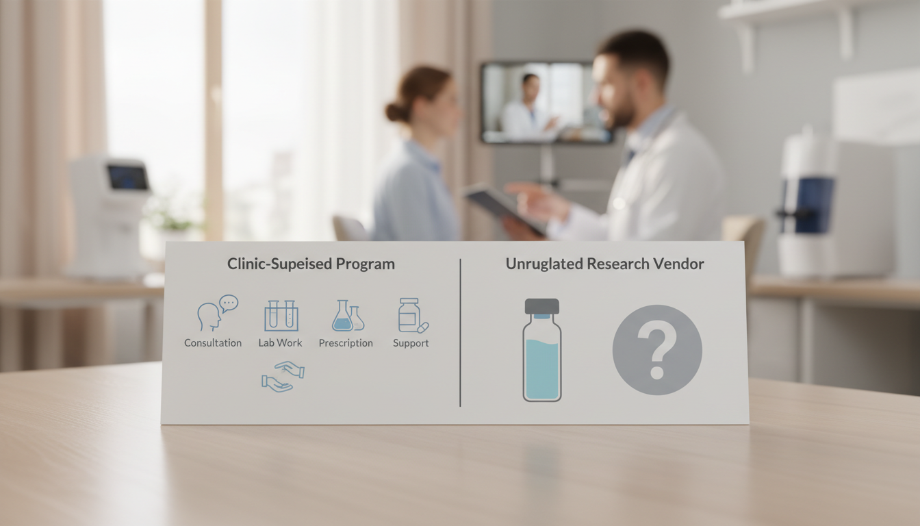 A side-by-side comparison chart. Left side is "Clinic-Supervised Program" with icons for Consultation, Lab Work, Prescription, and Support. Right side is "Unregulated Research Vendor" with an icon for a single vial and a question mark.