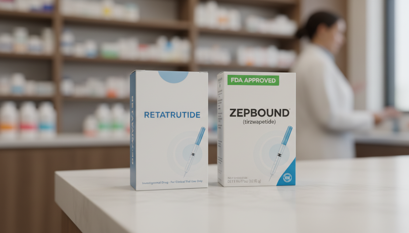 Side-by-side image of a conceptual box for Retatrutide next to an actual box of Zepbound (tirzepatide), highlighting the "Investigational Drug" vs "FDA Approved" status.