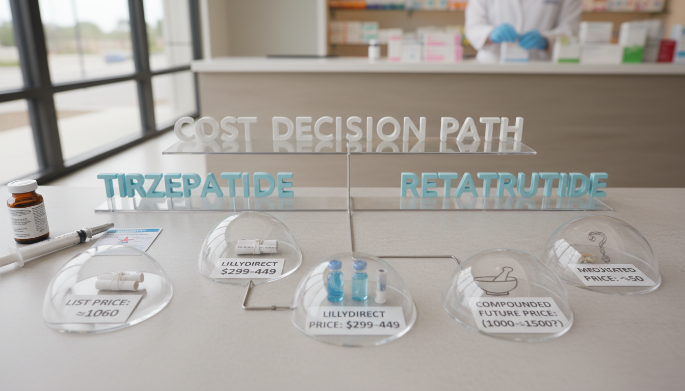 A flowchart graphic illustrating the cost decision path. One branch shows "Tirzepatide" leading to bubbles for "List Price: ~$1060", "LillyDirect Price: $299-$449", and "Medicare Price: ~$50". Another branch shows "Retatrutide" leading to "Compounded Price: $200-$650" and "Projected Future Price: $1000-$1500?".