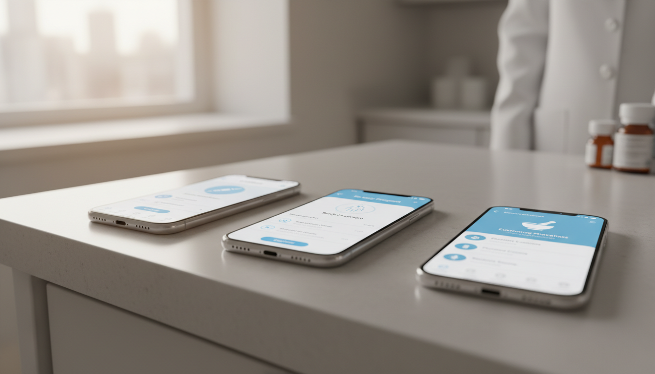 Side-by-side comparison of three smartphone screens showing the user interface for LillyDirect, Ro Body Program, and a generic compounding pharmacy telehealth platform.