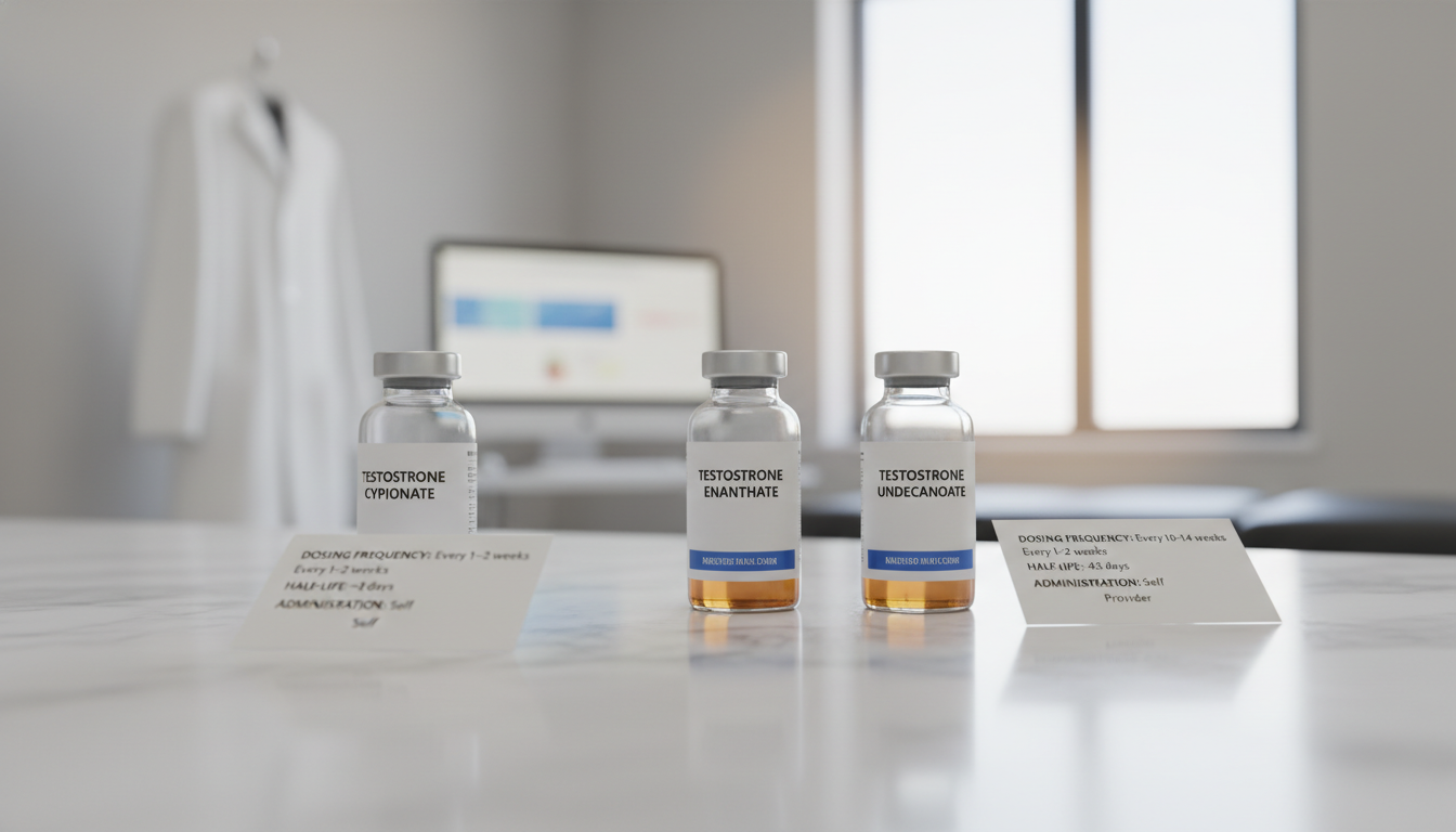 A simple comparison chart showing vials of Testosterone Cypionate, Enanthate, and Undecanoate, with key stats below each: Dosing Frequency, Half-Life, and Administration (Self vs. Provider).