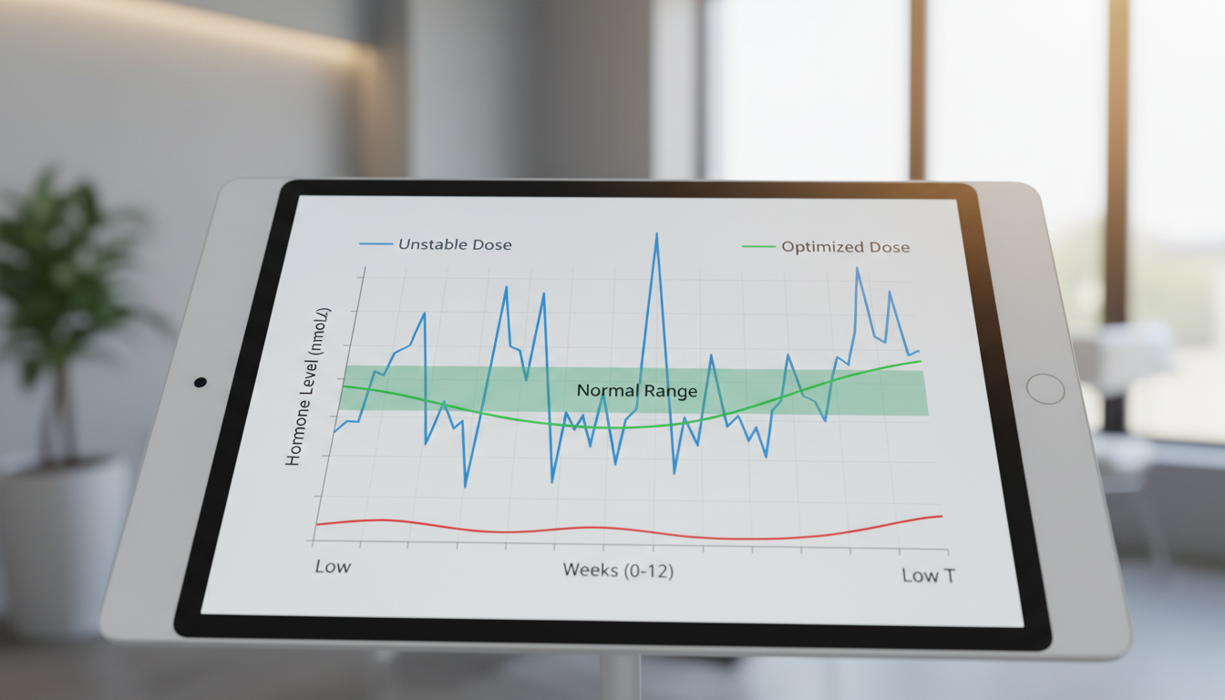 A line graph showing three lines over a 12-week period. One line (labeled 'Unstable Dose') shows high peaks and low troughs. Another line (labeled 'Optimized Dose') stays consistently within a green 'Normal Range' band. A third line (labeled 'Low T') stays far below the normal range.