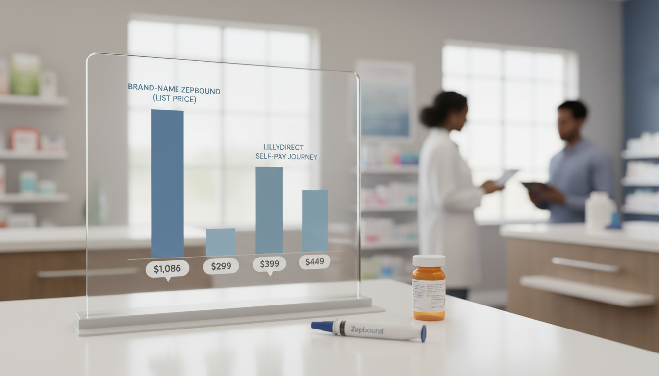 A bar chart comparing the monthly cost of brand-name Zepbound at list price ($1,086) versus the LillyDirect Self-Pay Journey Program prices for different doses ($299, $399, $449).