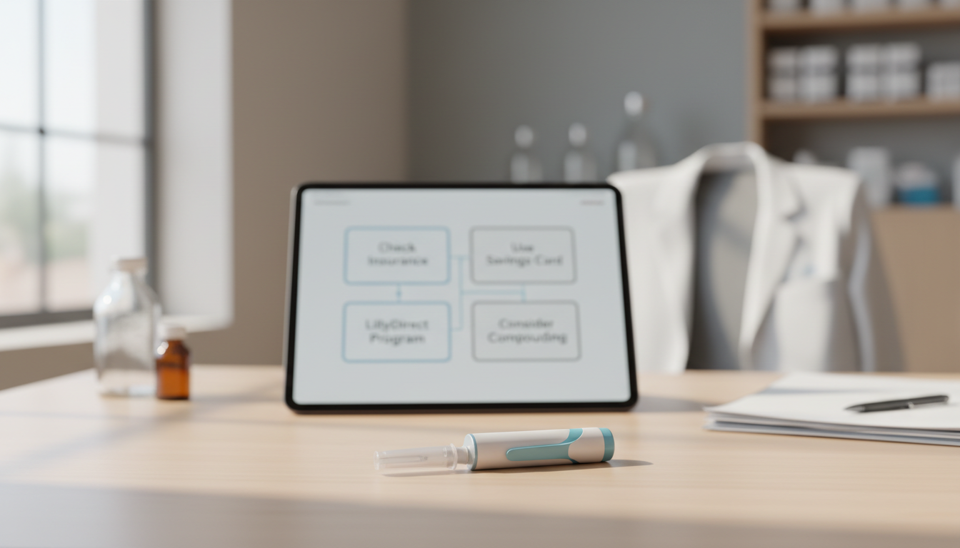 A flowchart or infographic titled 'How to Save on Tirzepatide' with boxes for 'Check Insurance,' 'Use Savings Card,' 'LillyDirect Program,' and 'Consider Compounding.'