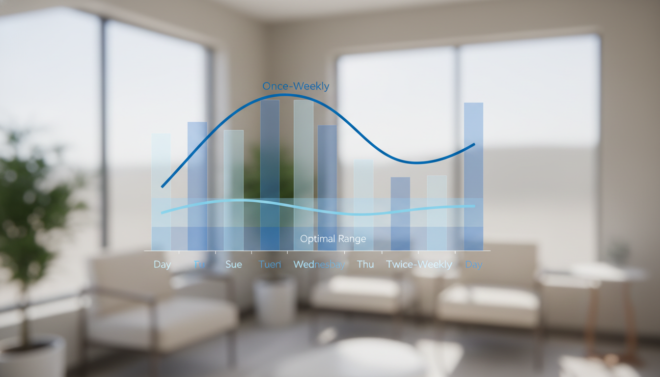 A simple bar graph comparing hormone level stability over a week for a once-weekly injection vs. a twice-weekly injection. The once-weekly line shows a high peak and a low trough, while the twice-weekly line is much flatter and stays within the optimal range.