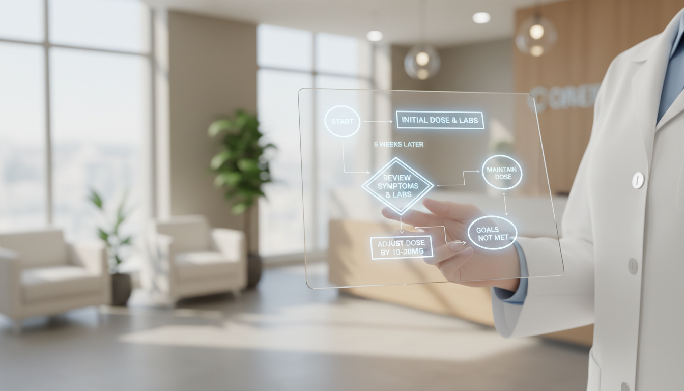 A flowchart showing the TRT dose adjustment process. Start -> Initial Dose & Labs -> 8 Weeks Later -> Review Symptoms & Labs. If goals met -> Maintain Dose. If goals not met -> Adjust Dose by 10-20mg -> Repeat cycle.