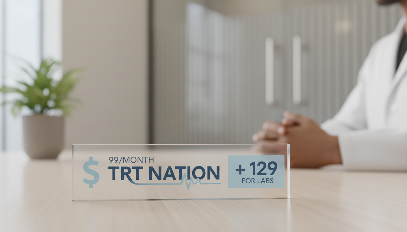 A simple graphic comparing the $99/month base cost of TRT Nation with an additional block showing "+ $129 for labs" to visually explain the pricing structure.