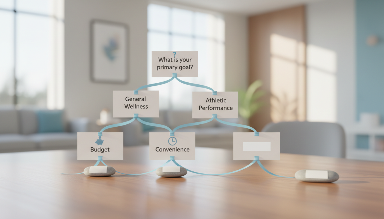 A flowchart showing a decision tree. Question 1: What is your primary goal? branches to 'General Wellness' vs 'Athletic Performance'. 'General Wellness' branches to 'Budget' (TRT Nation) vs 'Convenience' (Fountain). 'Athletic Performance' points to Evolve Telemedicine.