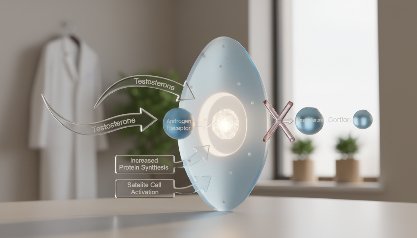 A simple diagram showing a muscle cell. Arrows point to it labeled "Testosterone." Inside the cell, an arrow points from the androgen receptor to the nucleus, with labels "Increased Protein Synthesis" and "Satellite Cell Activation." Another arrow shows Testosterone blocking Cortisol from binding to the cell.